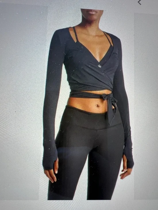 ALO Yoga Black Cropped Escalate Wrap Top - Picture 6 of 6